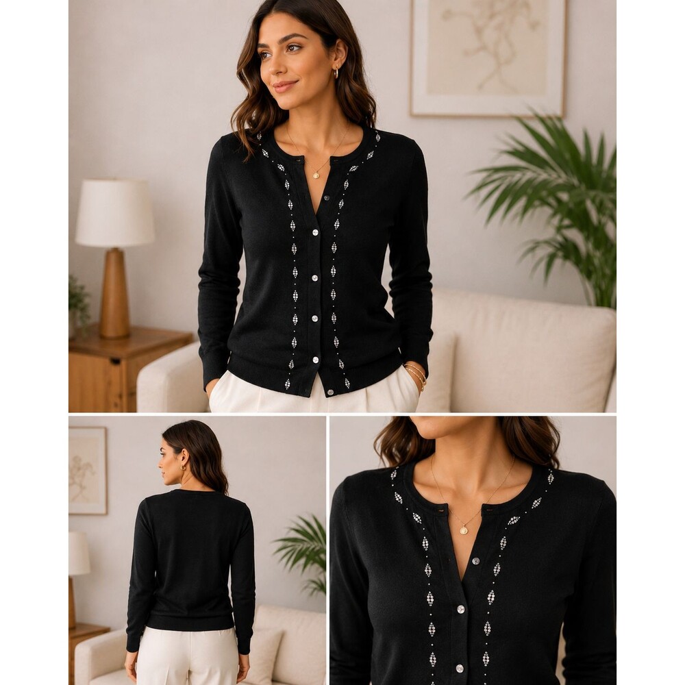 Beaded Cardigan Sweater Silk Blend Crew Neck Button Front Maurice Sasson Size S